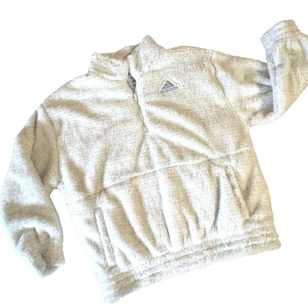 Adidas Sherpa Quarter Zip Girls XL‎ 18 Cream Sparkle NWT Fleece Cozy Neutral